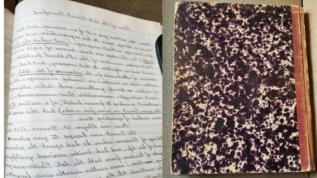 Two color photographs side by side. On the left is a closed journal with a red binding and purple and black dyed thick paper. On the right is lined journal paper with very neat cursive handwriting on it. 