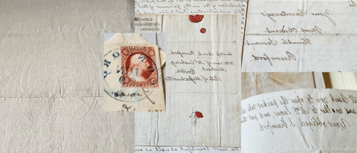 Several color photographs with close-up views of aspects of old letters. From left to right: Two letters on top of each other, the top reads, " Your Excellency's Most Obedient Humble Servant Rumford," and the bottom reads "Your obliged S. Rumford," to the right is a letter addressed to Sarah Rumford with red wax at the top and bottom of the page, to the right is a red stamp with George Washington's side profile, and last, to the right is a hard to see watermark. 