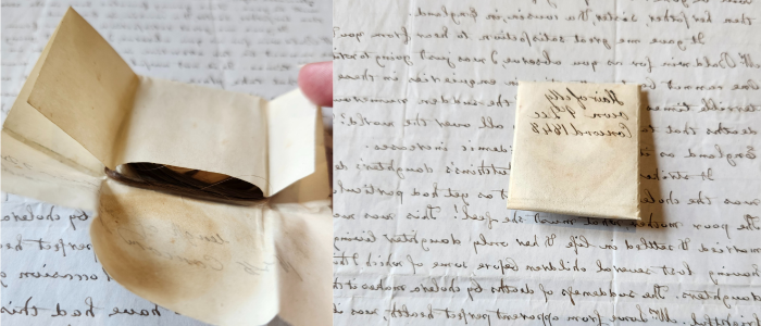 Two color photographs side by side, both backgrounds are a handwritten letter in black ink on white paper. The image on the left is a piece of paper folded into a box. This piece is darker than the one below and has writing on the top that reads, "Hair of My own 9 Dec Concord 1848." On the right is that folded piece of paper half opened revealing dark hair inside. 