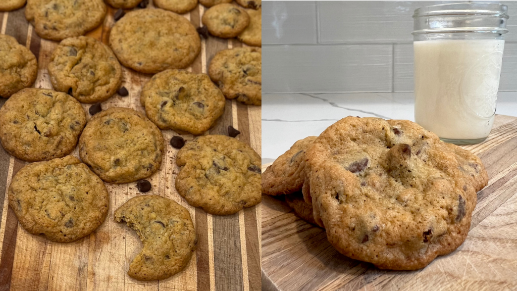 Two modern color photographs side by side. On the right is a close up of a chocolate chip cookie resting on a pile of more cookies behind and underneath it. Behind the pile is a glass of milk. On the right are chocolate chip cookies in a single layer cooling on a wooden cutting board. The closest cookie to the viewer has a bite taken out of it. 