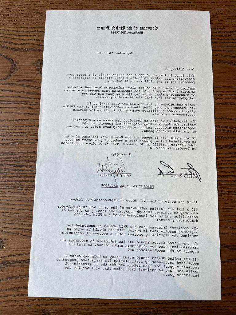 Letter from Gerry Studds and Silvio Conte to other congressional representatives in support of a resolution to support peace talks in El Salvador that would hopefully end the hostilities.